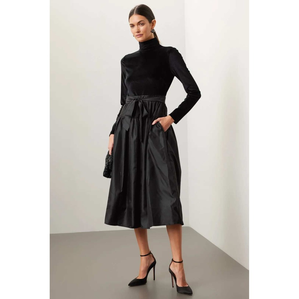 LDT Raquel Turtleneck Midi Dress 4‎ Black Velvet Fit Flare Party Goth Wednesday